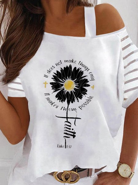 

Vacation Floral Letter Printed Casual Loosen One Shoulder Short Sleeve T-Shirt, White, T-Shirts