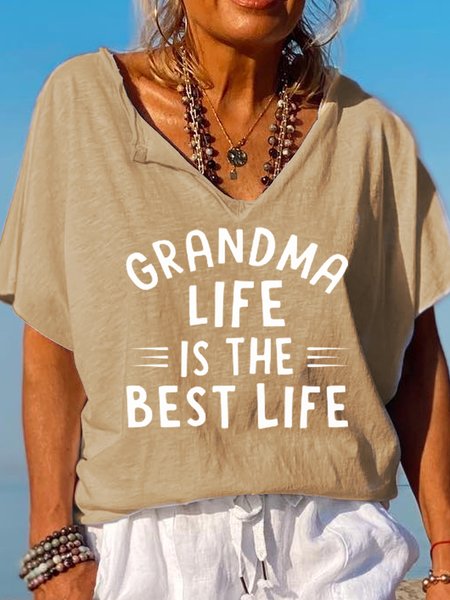 

Grandma Life Is The Best Life V Neck Short Sleeve Tops, Khaki, T-shirts