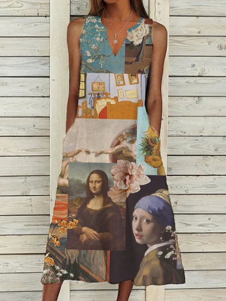 

V Neck Casual Abstract Short Sleeve Woven Dress, Multicolor, Dresses