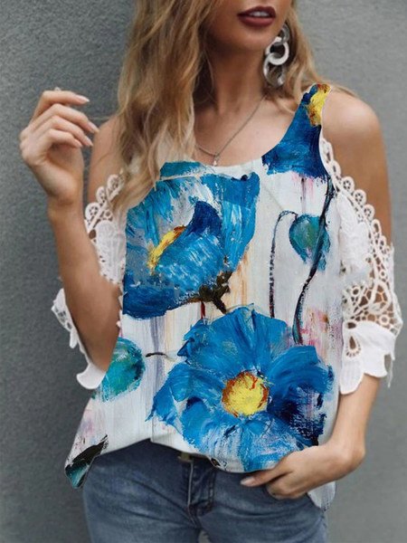 

Poppy Floral Loosen Crew Neck Lace Short Sleeve Tops, Blue, T-Shirts