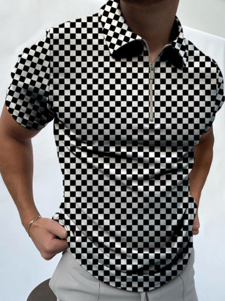 

Casual Art Collection Striped Geometric Color Block Lapel Short Sleeve Polo Print Top, Black, Men's t-shirts