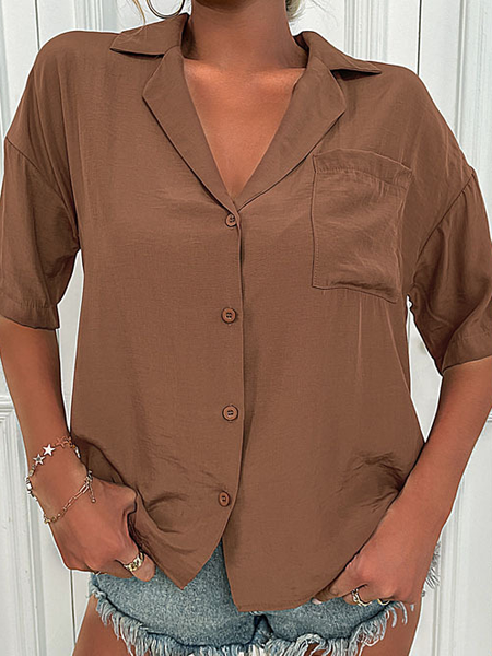 

Casual Shirt Collar Loosen Short Sleeve Blouse, Brown, Blouses & Shirts