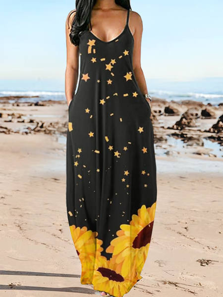

Sunflower Star Print Strap Beach Resort Dress with Pockets Sunflower Vacation Spaghetti Short Sleeve Knit Dress, Black, Dresses