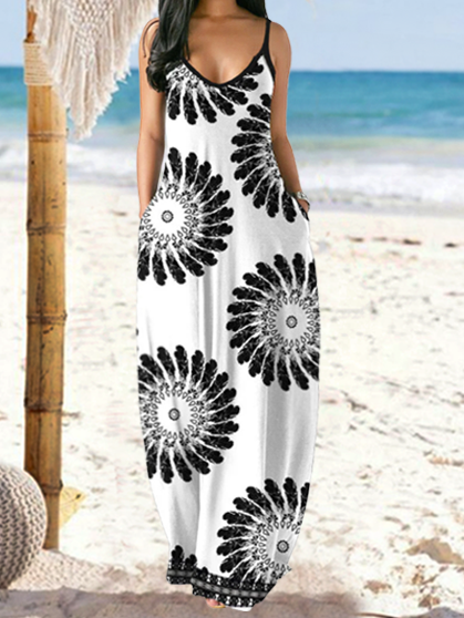 

Ethnic Geometric Floral Print V-Neck Strap Beach Resort Dress Loosen Floral Vacation Short Sleeve Knit Dress, White, Summer Dresses