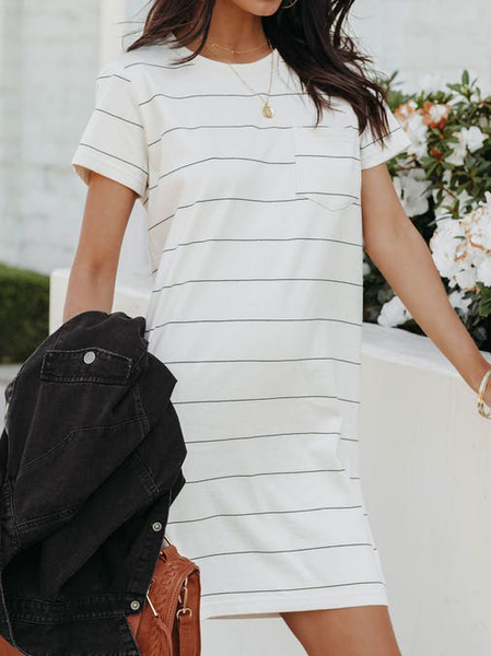 

Striped Vacation Crew Neck Short Sleeve Knit Dress, White, Mini Dresses