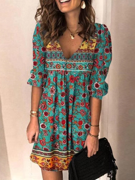 

Vacation Tribal Regular Fit Short Sleeve Woven Dress, Multicolor, Mini Dresses