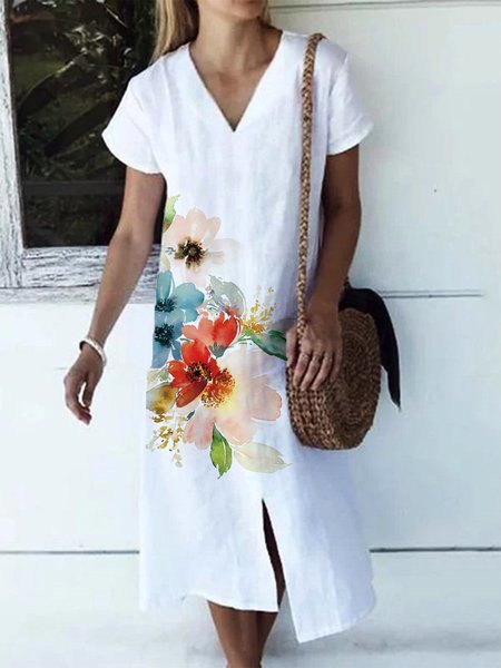 

Floral Short Sleeves V Neck Plus Size Casual Dresses, White, Midi Dresses