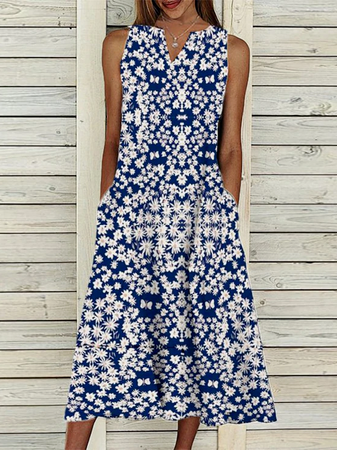

Regular Fit Floral V Neck Short Sleeve Woven Dress, Purplish blue, Dresses