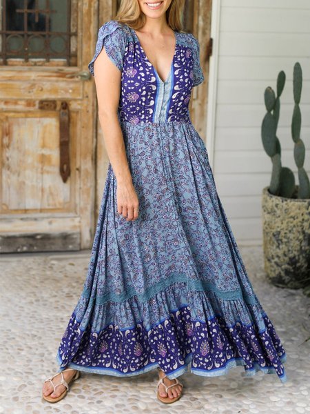 

Vacation Floral Frill Sleeve Short Sleeve Woven Dress, Blue, Dresses