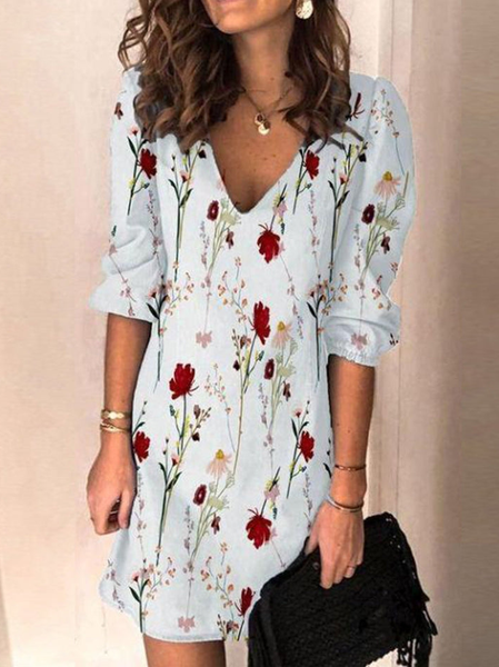 

Vacation Floral V Neck Loosen Short Sleeve Woven Dress, Multicolor, Dresses