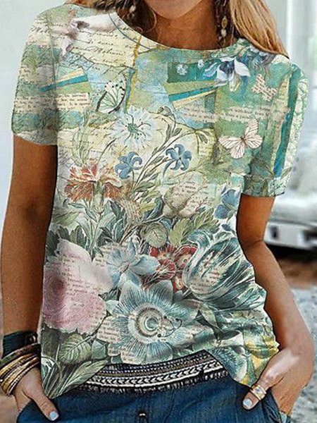 

Butterfly Floral PrintedCasual LoosenCrew Neck Short Sleeve T-Shirt, Flower, T-Shirts