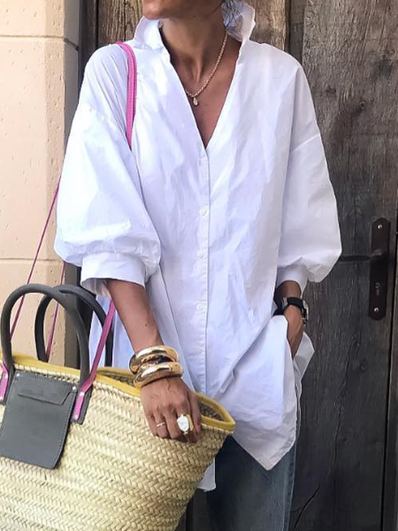 

Loosen Lapel Plain Long Sleeve Blouse, Off white, Blouses & Shirts