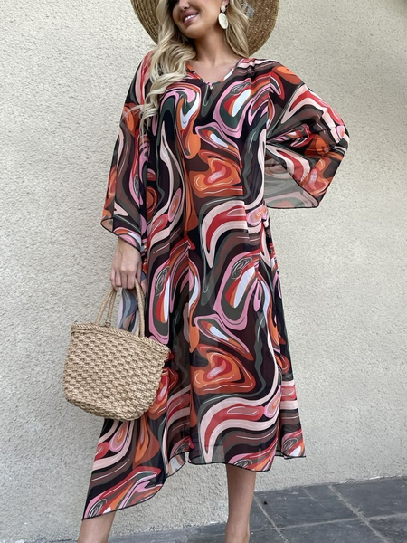 

Vacation beach loosen Abstract Short Sleeve Woven Dress, As picture, Summer Dresses