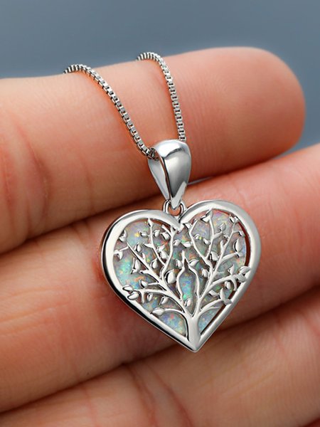 

Opal Heart Tree of Life Necklace, White, Necklaces