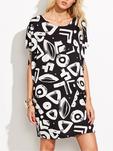

Loosen Casual Geometric Short Sleeve Woven Dress, Black, Mini Dresses
