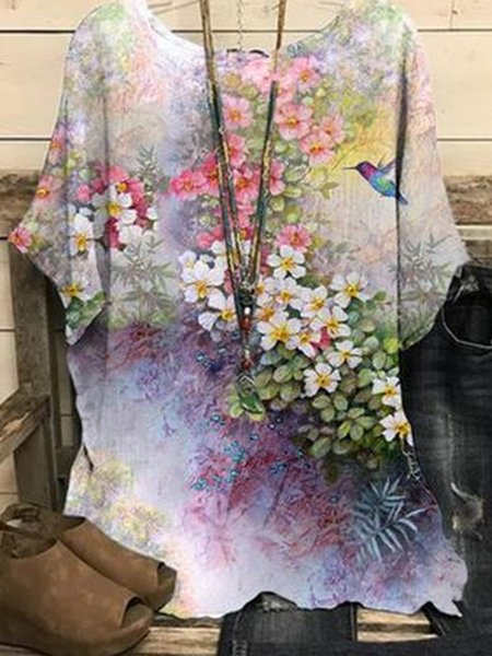 

V Neck Vacation Floral Short Sleeve Tops, Multicolor, T-Shirts