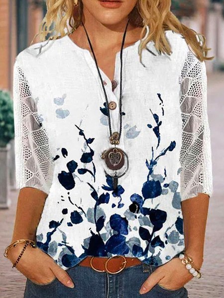 

Blue pop print lace stitching sleeves spring new designer women's top, Multicolor, Blouses & Shirts