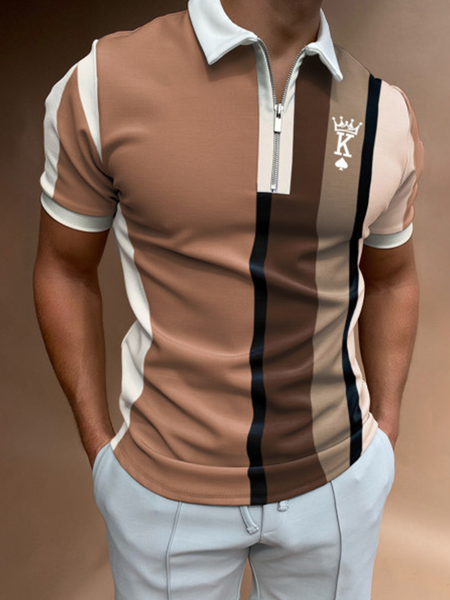 Casual Art Collection Striped Geometric Color Block Lapel Short Sleeve Polo Print Top, Brown, Men's t-shirts