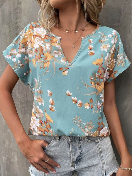 

Vacation Floral Casual Loosen V Neck Short Sleeve Tops, Flower, Tops