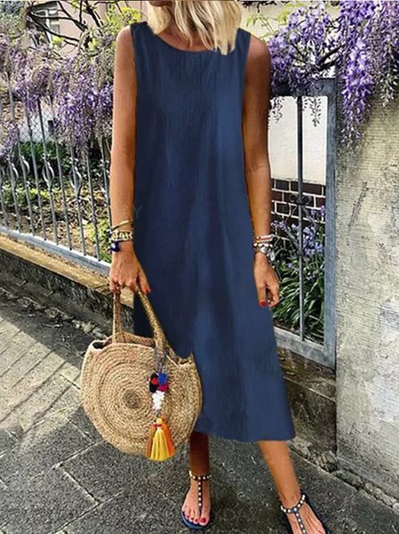 

Loosen Cotton Crew Neck Sleeveless Woven Dress, Blue, Dresses