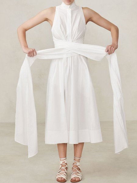 

Stand Collar Solid Sleeveless Woven Dress, White, Midi Dresses