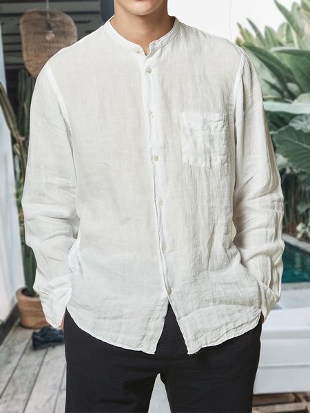 

Men's Cotton Linen Style Stand Collar Long Sleeve Shirt, White, Shirts ＆ Blouse