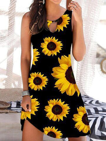 

Floral Crew Neck Loosen Sleeveless Woven Dresses, Black, Mini Dresses