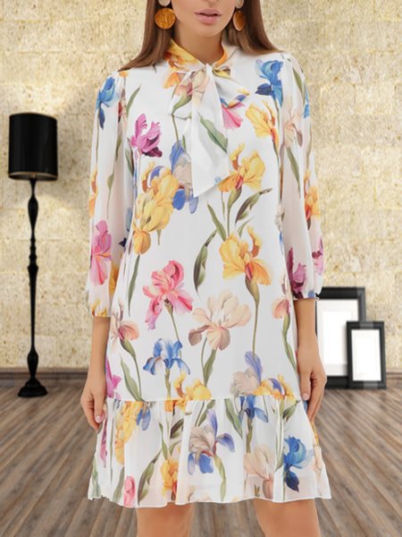 Stand Collar Vacation Long Sleeve Woven Dress, White, Dresses
