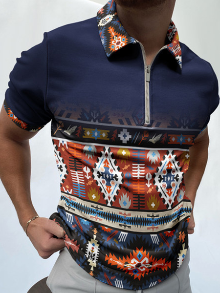 

Casual Art Collection Striped Geometric Color Block Lapel Short Sleeve Polo Print Top, Navy blue, Men's t-shirts