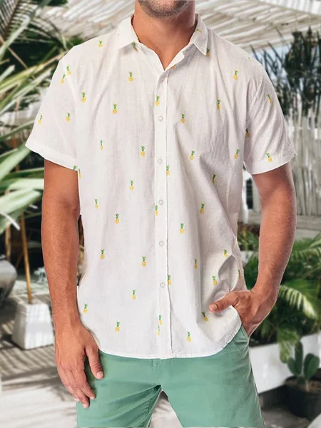 

Cotton Linen Style Plant Pineapple Versatile Linen Shirt, As picture, Shirts ＆ Blouse