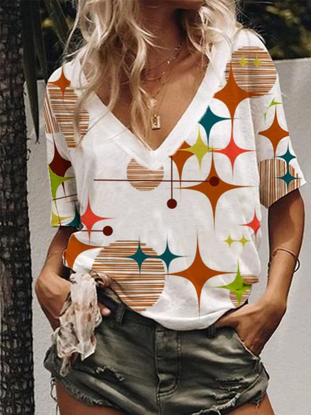 

V Neck Short Sleeve Tops, White, T-Shirts