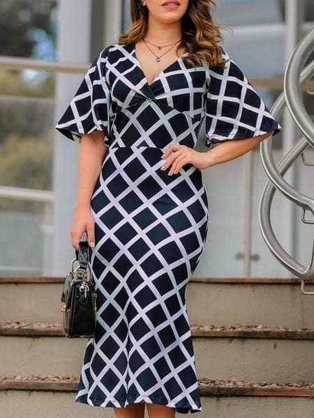 

Slim Fit V Neck Elegant Short Sleeve Woven Dress, Black, Midi Dresses