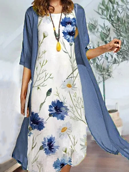 

Floral Casual Crew Neck Two Piece Sets, White-blue, Maxi Dresses