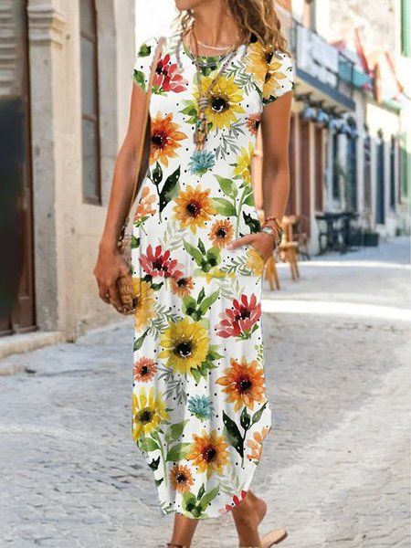 

Vacation Floral Short Casual Loosen Crew Neck Sleeve Knit Dress, Flower, Maxi Dresses
