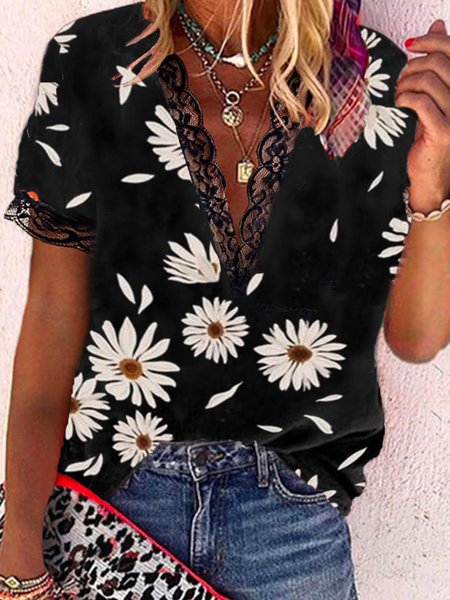 

V Neck Loosen Floral Short Sleeve Tops, Black, Tops
