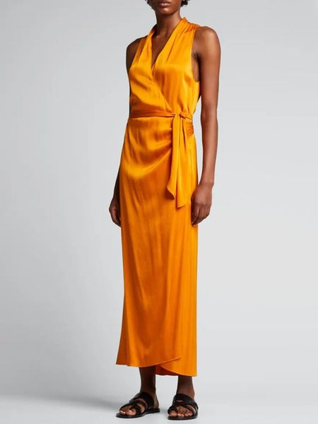 

V Neck Knot Front Woven Dress, Yellow brown, Maxi Dresses