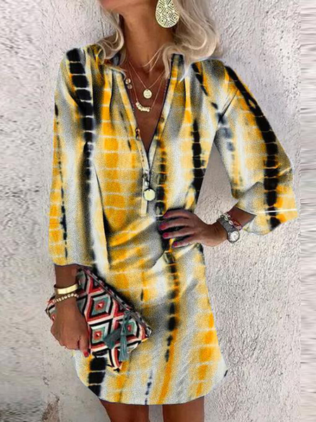 

V Neck Tie Dye Loosen Vacation Long Sleeve Woven Dress, Yellow, Dresses
