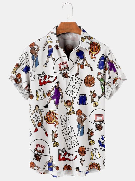 

Men's basketball print loose short sleeve Hawaiian shirt, As picture, Men's Floral shirt