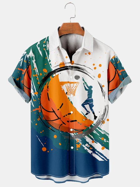

Men's basketball print loose short sleeve Hawaiian shirt, As picture, Men's Floral shirt