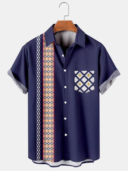 

Mexican Graphic Men's Casual Chest Pocket Short Sleeve Shirt, Purplish blue, Men's Floral shirt
