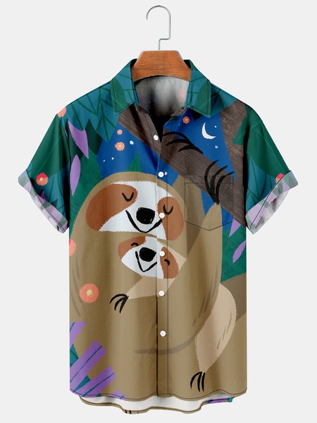 

Mens Family Love Folivora Print Lapel Loose Short Sleeve Funky Hawaiian Shirts, Green, Men's Floral shirt