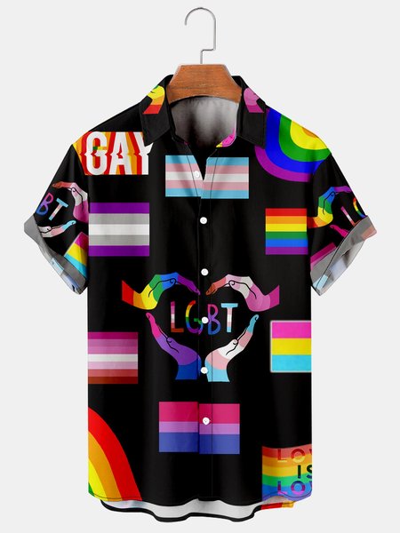

Men's Rainbow Print Casual Short Sleeve Hawaiian Shirt, Black, Men's Floral shirt