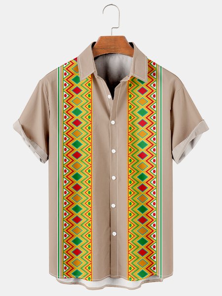 

Mexican Graphic Men's Casual Short Sleeve Shirt, Beige, Men's Floral shirt