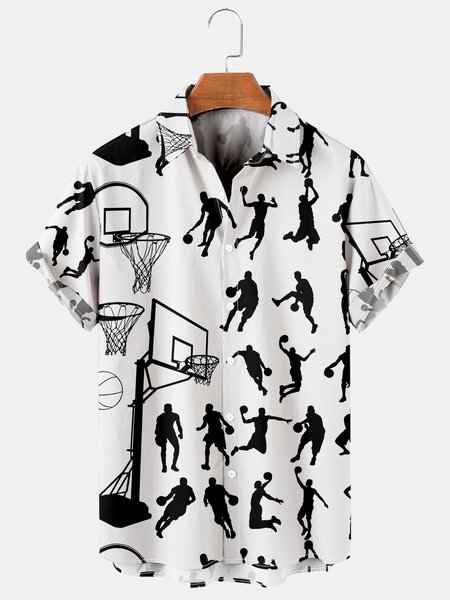 

Men's basketball print loose short sleeve Hawaiian shirt, As picture, Men's Floral shirt