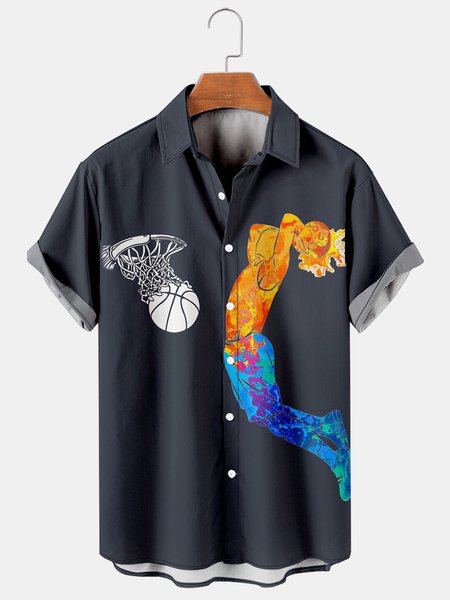 

Men's basketball print loose short sleeve Hawaiian shirt, As picture, Men's Floral shirt
