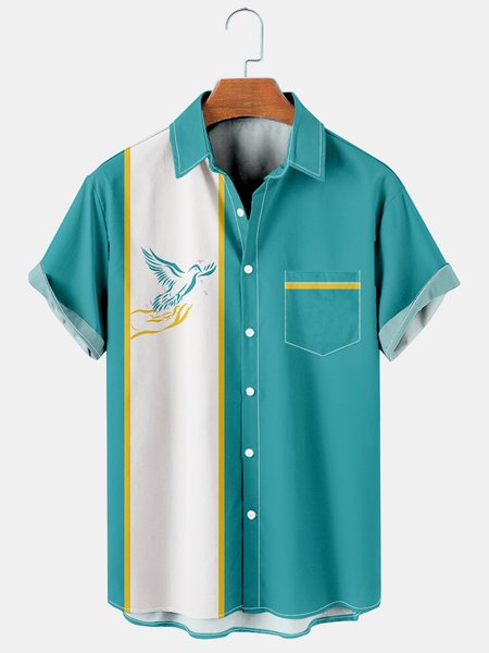 

Mens Peace Print Casual Breathable Short Sleeve Shirt, Green, Men's Floral shirt
