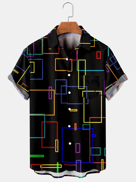 

Men's Rainbow Line Print Casual Short Sleeve Hawaiian Shirt, Black, Men's Floral shirt