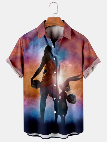 

Men's basketball print loose short sleeve Hawaiian shirt, As picture, Men's Floral shirt