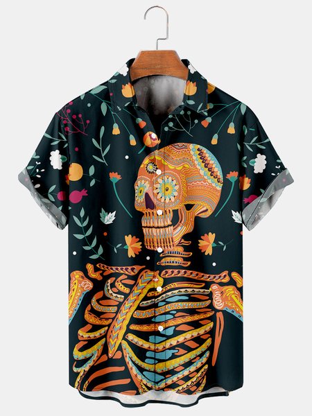 

Skull Graphic Men's Casual Short Sleeve Shirt, Black, Men's Floral shirt