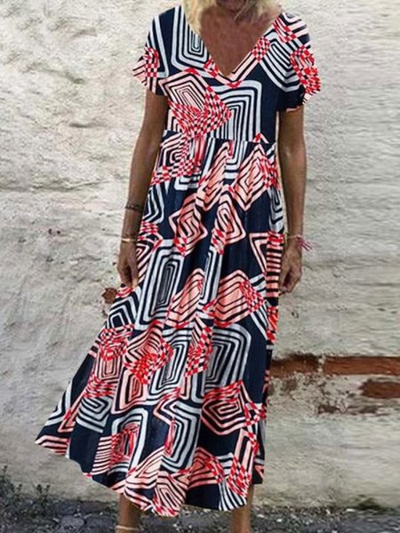 

Loosen V Neck Boho Short Sleeve Woven Dress, Black-red, Maxi Dresses
